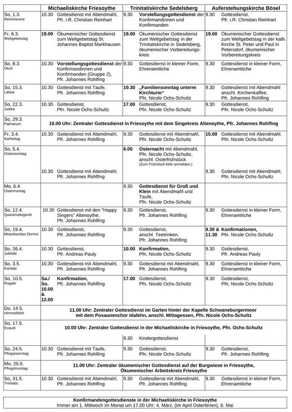 Gottesdienste März bis Mai