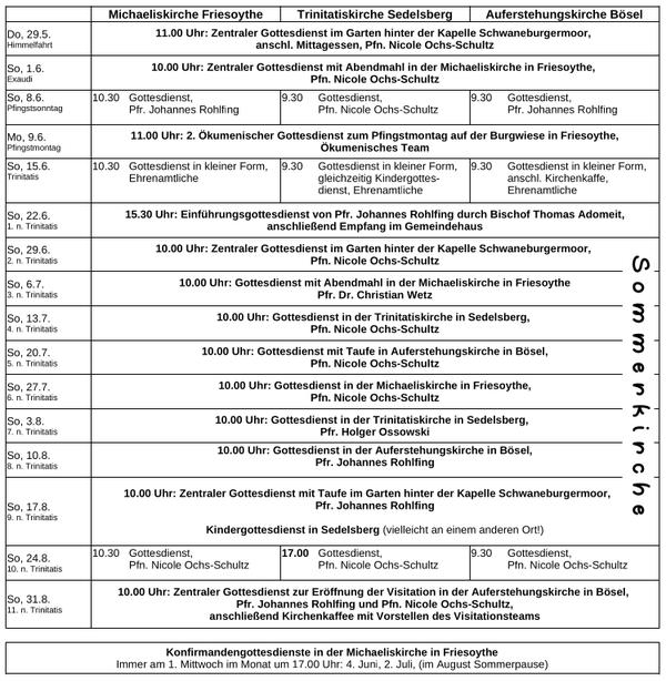 Gottesdienstplan Juni bis August 2025